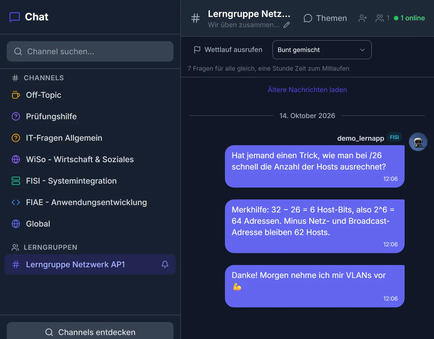 Chat: Kanalliste und eine private Lerngruppe mit Nachrichten zum Subnetting