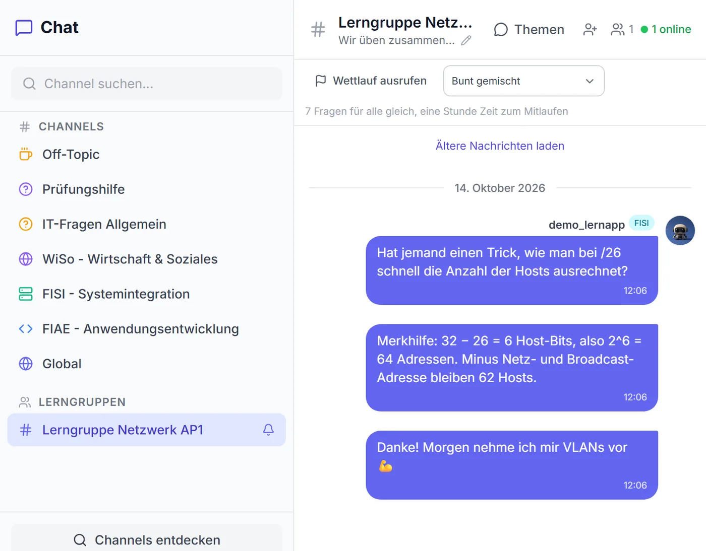 Chat: Kanalliste und eine private Lerngruppe mit Nachrichten zum Subnetting