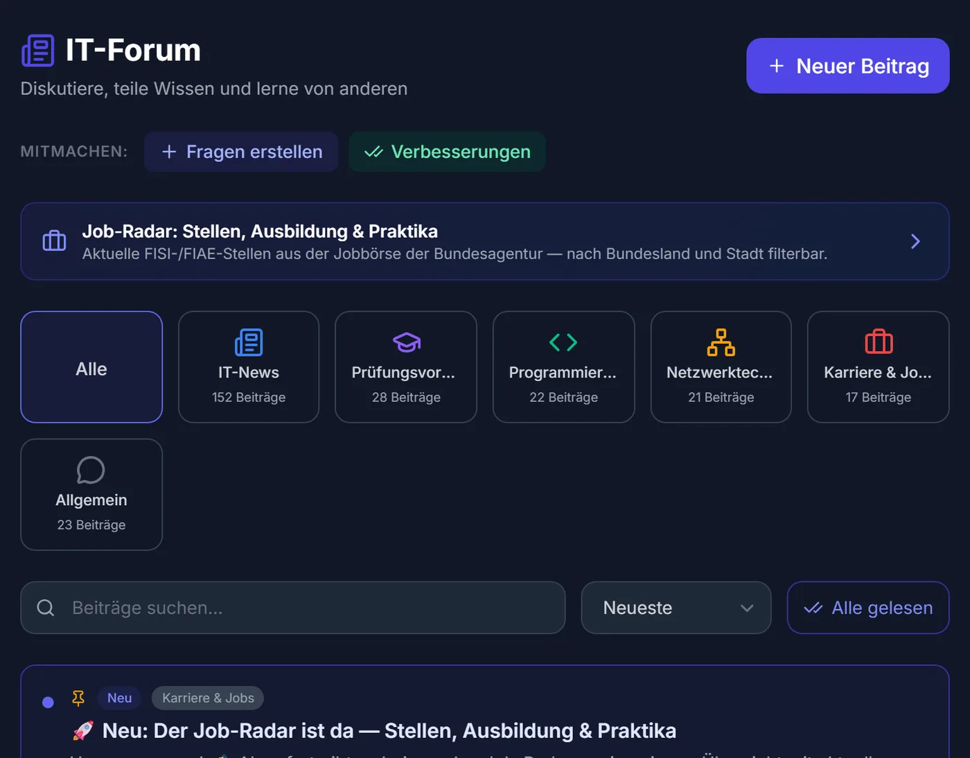 IT-Forum: Kategorien mit Beitragszahlen, Suche und ein angehefteter Beitrag