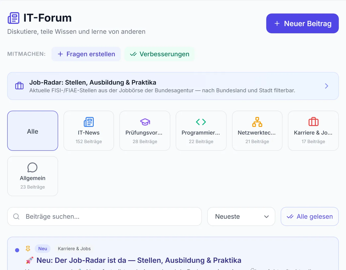 IT-Forum: Kategorien mit Beitragszahlen, Suche und ein angehefteter Beitrag
