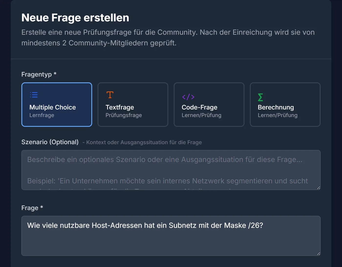 Formular „Neue Frage erstellen“ mit Fragetyp Multiple Choice und eingetragener Subnetting-Frage