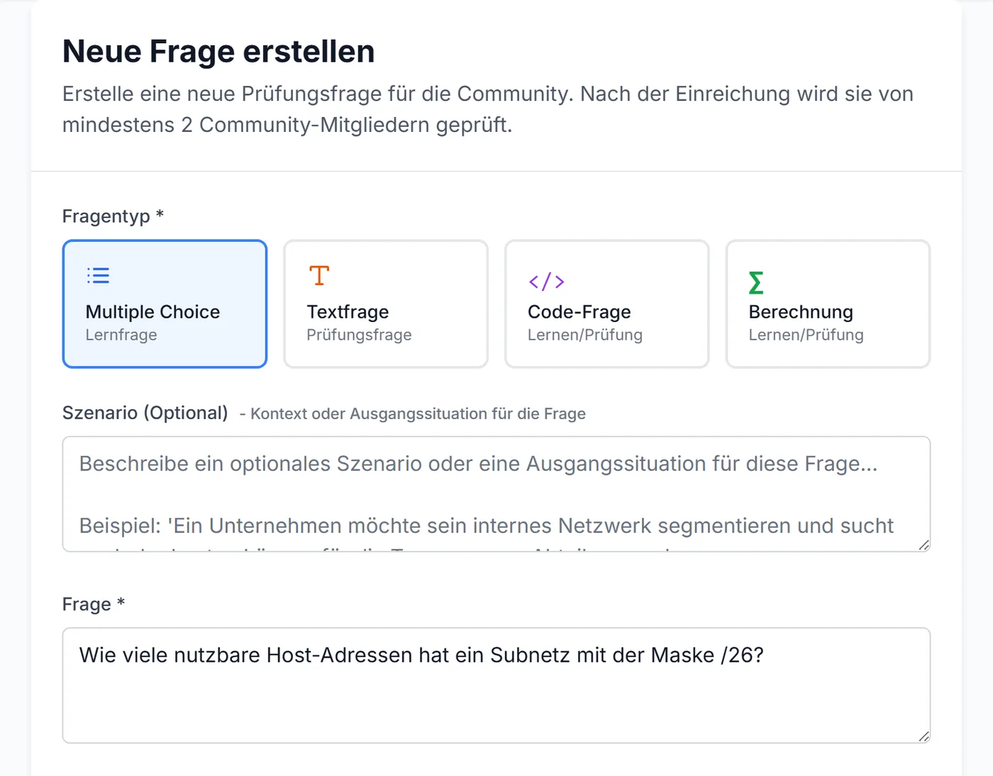 Formular „Neue Frage erstellen“ mit Fragetyp Multiple Choice und eingetragener Subnetting-Frage