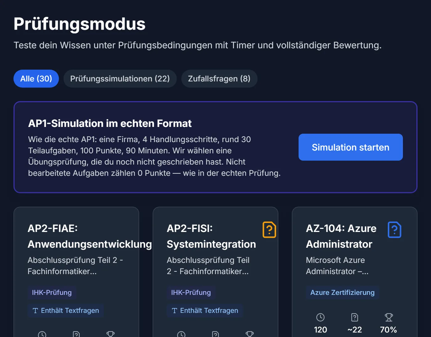 Prüfungsauswahl: Karte „AP1-Simulation im echten Format“ (4 Handlungsschritte, 100 Punkte, 90 Minuten) und Übungsprüfungen mit Dauer, Fragenzahl und Bestehensgrenze