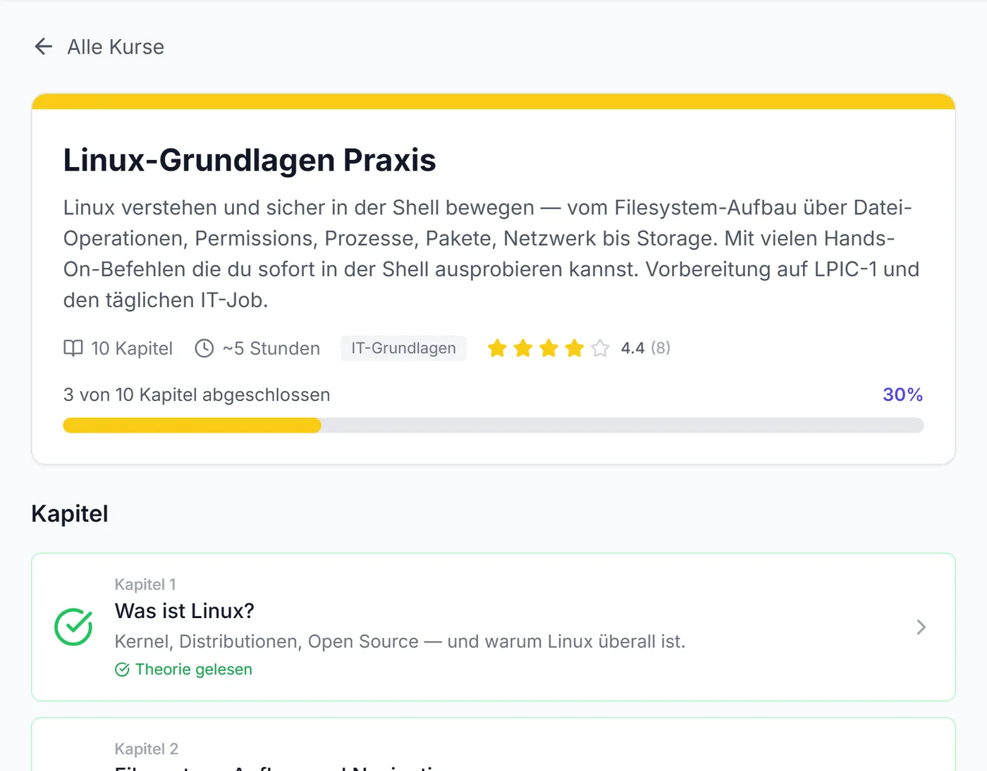 Kursseite „Linux-Grundlagen Praxis“: Fortschritt 30 % und Kapitelliste mit gelesenen Kapiteln