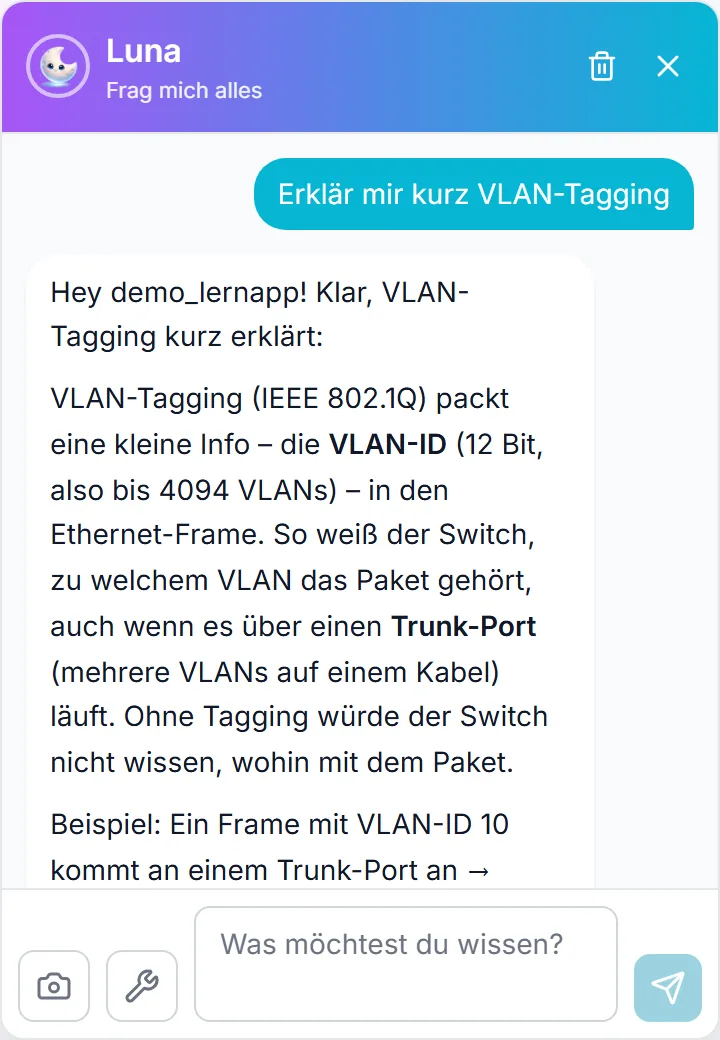 Chat mit Luna: Frage „Erklär mir kurz VLAN-Tagging“ und Lunas Antwort