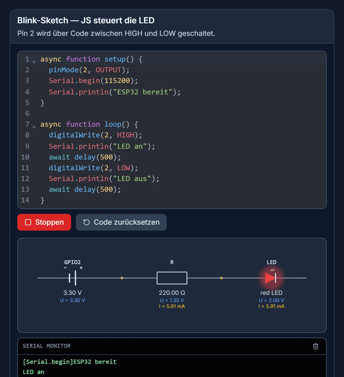 Schaltungs-Simulator mit Live-Code: Blink-Sketch im Code-Editor, darunter die Schaltung mit GPIO, Widerstand und leuchtender LED