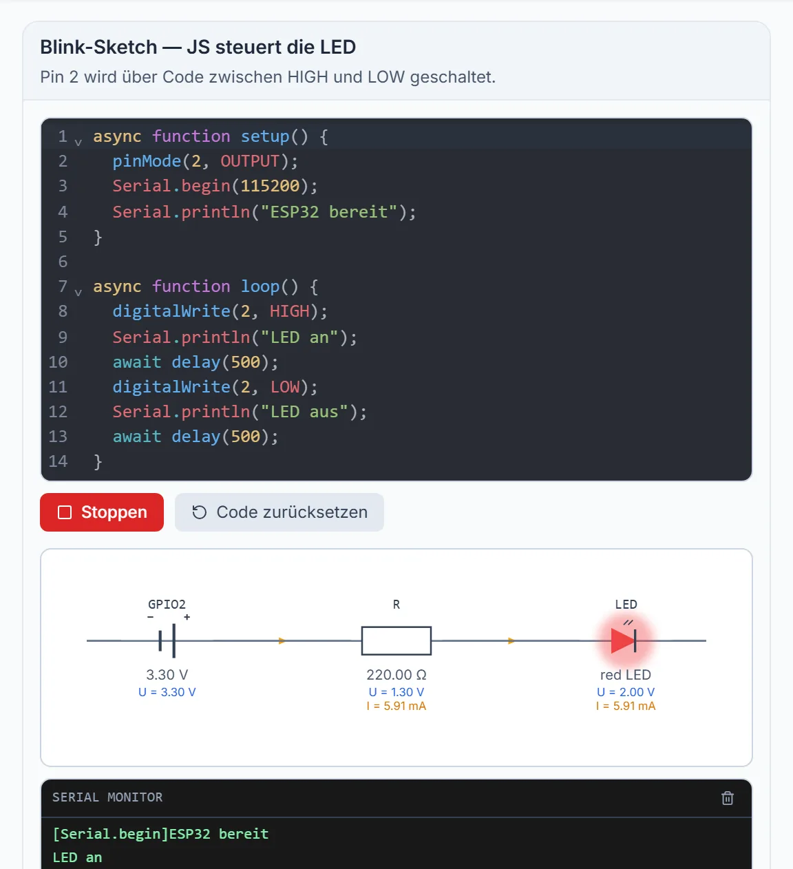 Schaltungs-Simulator mit Live-Code: Blink-Sketch im Code-Editor, darunter die Schaltung mit GPIO, Widerstand und leuchtender LED