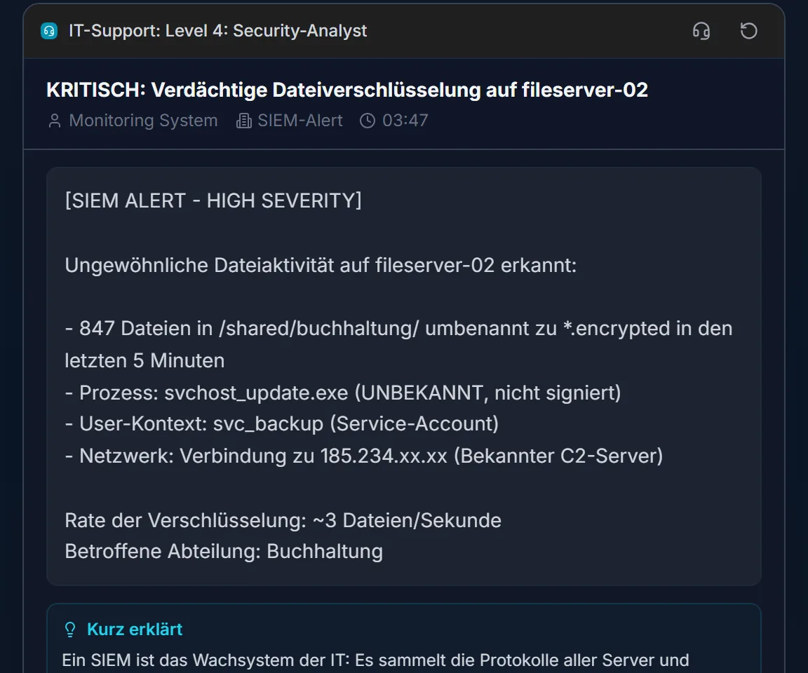 IT-Support-Simulator, Level 4 Security-Analyst: geöffneter SIEM-Alarm wegen verdächtiger Dateiverschlüsselung auf einem Fileserver