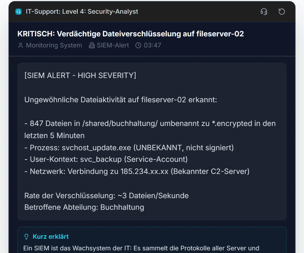 IT-Support-Simulator, Level 4 Security-Analyst: geöffneter SIEM-Alarm wegen verdächtiger Dateiverschlüsselung auf einem Fileserver