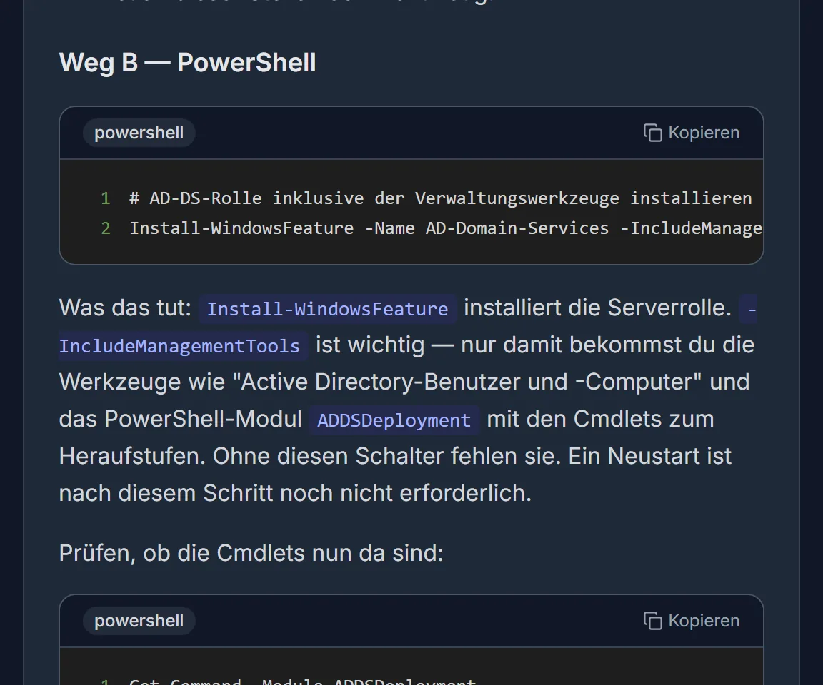 Anleitung „Active Directory einrichten“ aus der Wissensdatenbank: PowerShell-Befehl zum Installieren der Rolle AD DS, Erklärung und Prüf-Befehl
