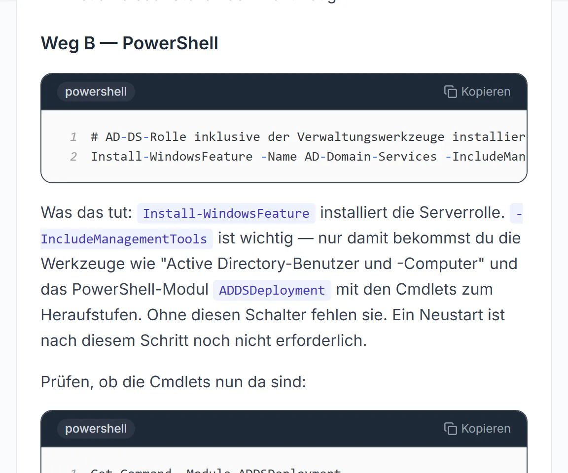 Anleitung „Active Directory einrichten“ aus der Wissensdatenbank: PowerShell-Befehl zum Installieren der Rolle AD DS, Erklärung und Prüf-Befehl