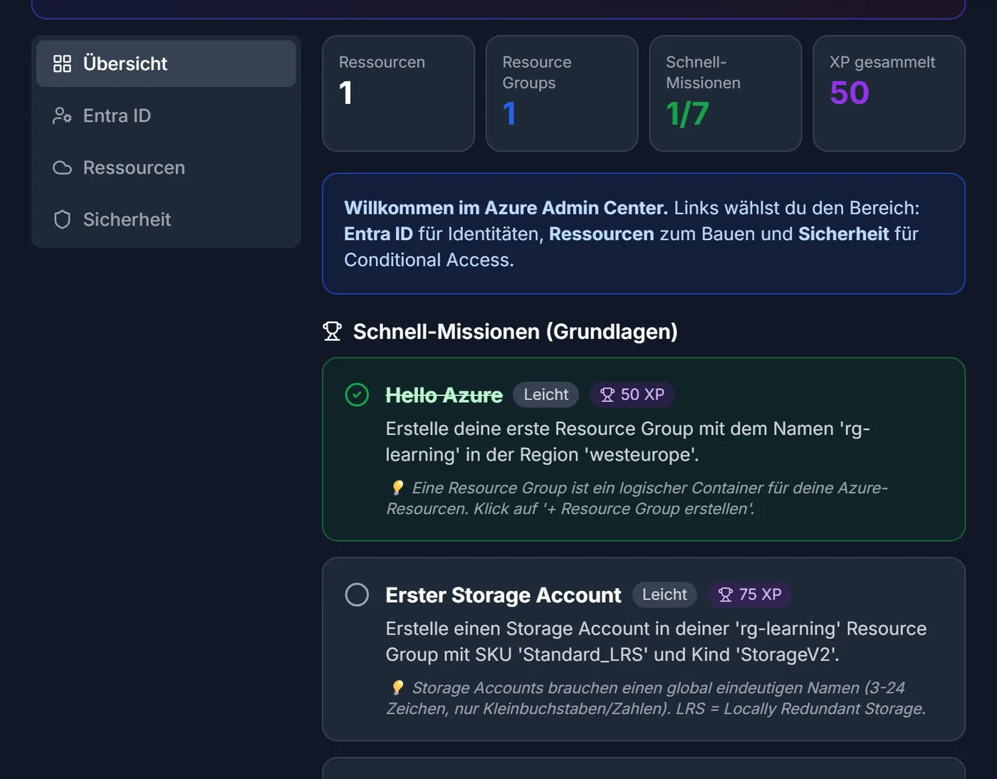 Azure-Simulator: erste Mission „Hello Azure“ erledigt (1 von 7, 50 XP), darunter die nächsten Schnell-Missionen