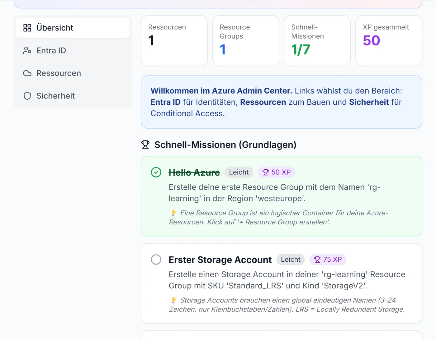 Azure-Simulator: erste Mission „Hello Azure“ erledigt (1 von 7, 50 XP), darunter die nächsten Schnell-Missionen