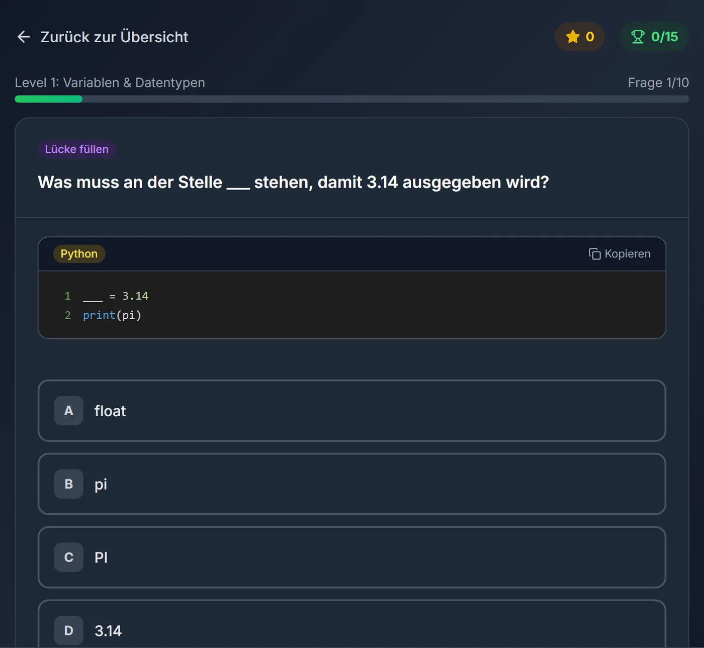 Code Dojo, Level 1 „Variablen & Datentypen“: Lückentext-Aufgabe zu einem kurzen Python-Beispiel mit Antwortmöglichkeiten