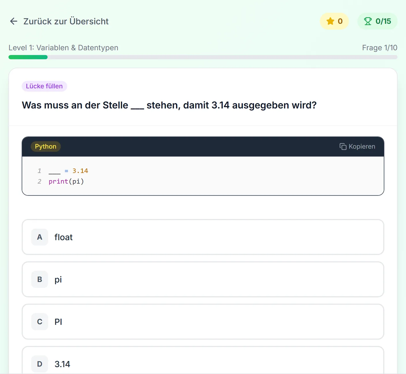 Code Dojo, Level 1 „Variablen & Datentypen“: Lückentext-Aufgabe zu einem kurzen Python-Beispiel mit Antwortmöglichkeiten