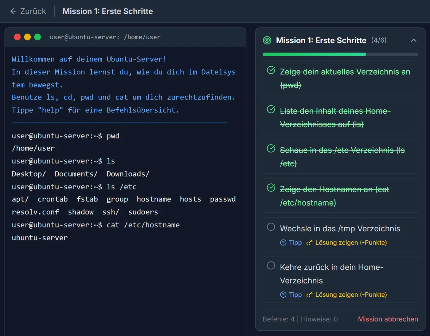 Linux-Terminal-Simulator, Mission 1 „Erste Schritte“: die Befehle pwd, ls, ls /etc und cat /etc/hostname mit Ausgabe; vier von sechs Aufgaben abgehakt, der Wechsel nach /tmp und zurück steht noch aus