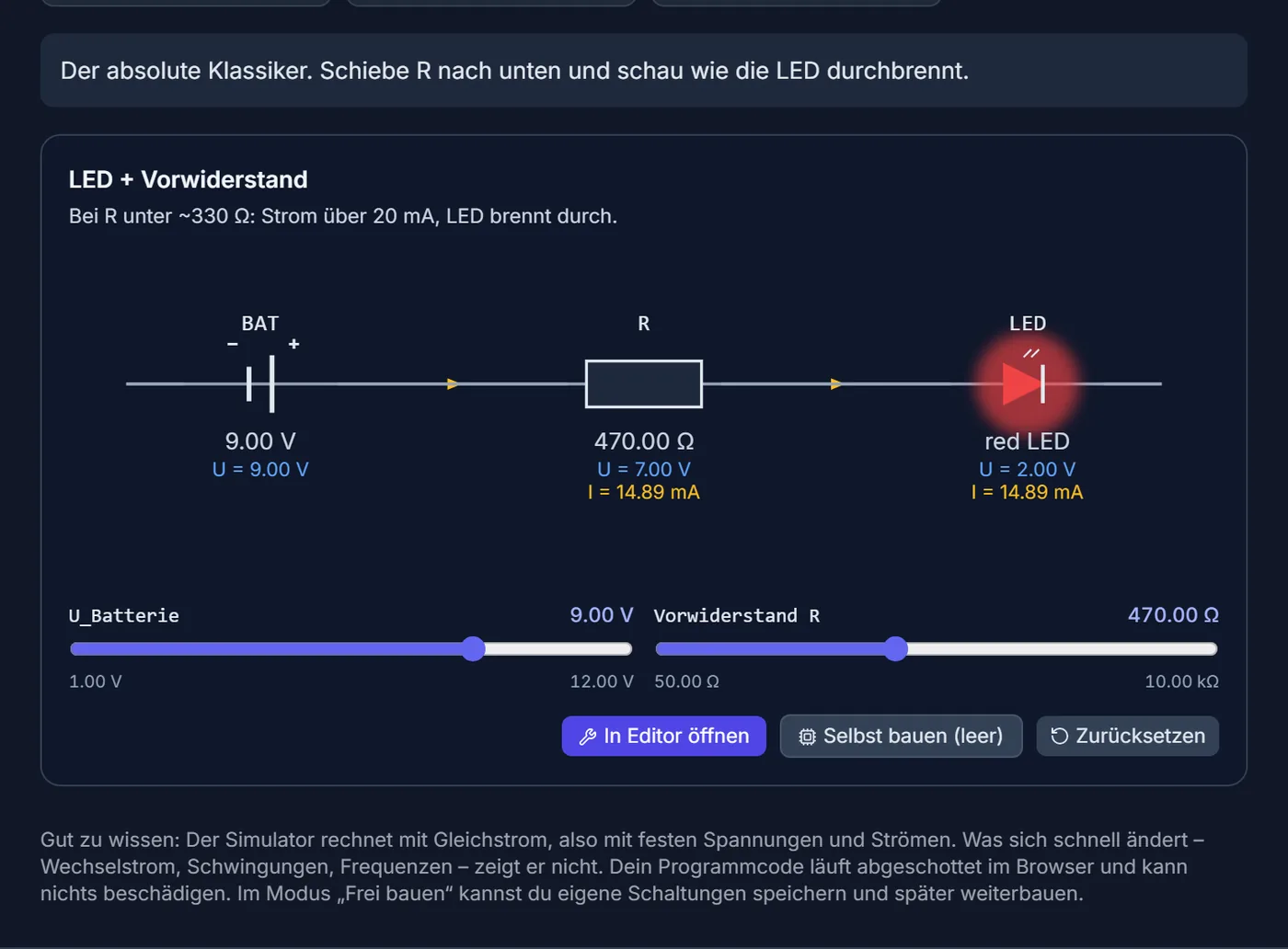 Schaltungs-Simulator, Demo „LED mit Vorwiderstand“: Batterie, Widerstand und leuchtende LED mit Spannung und Strom, darunter die Schieberegler