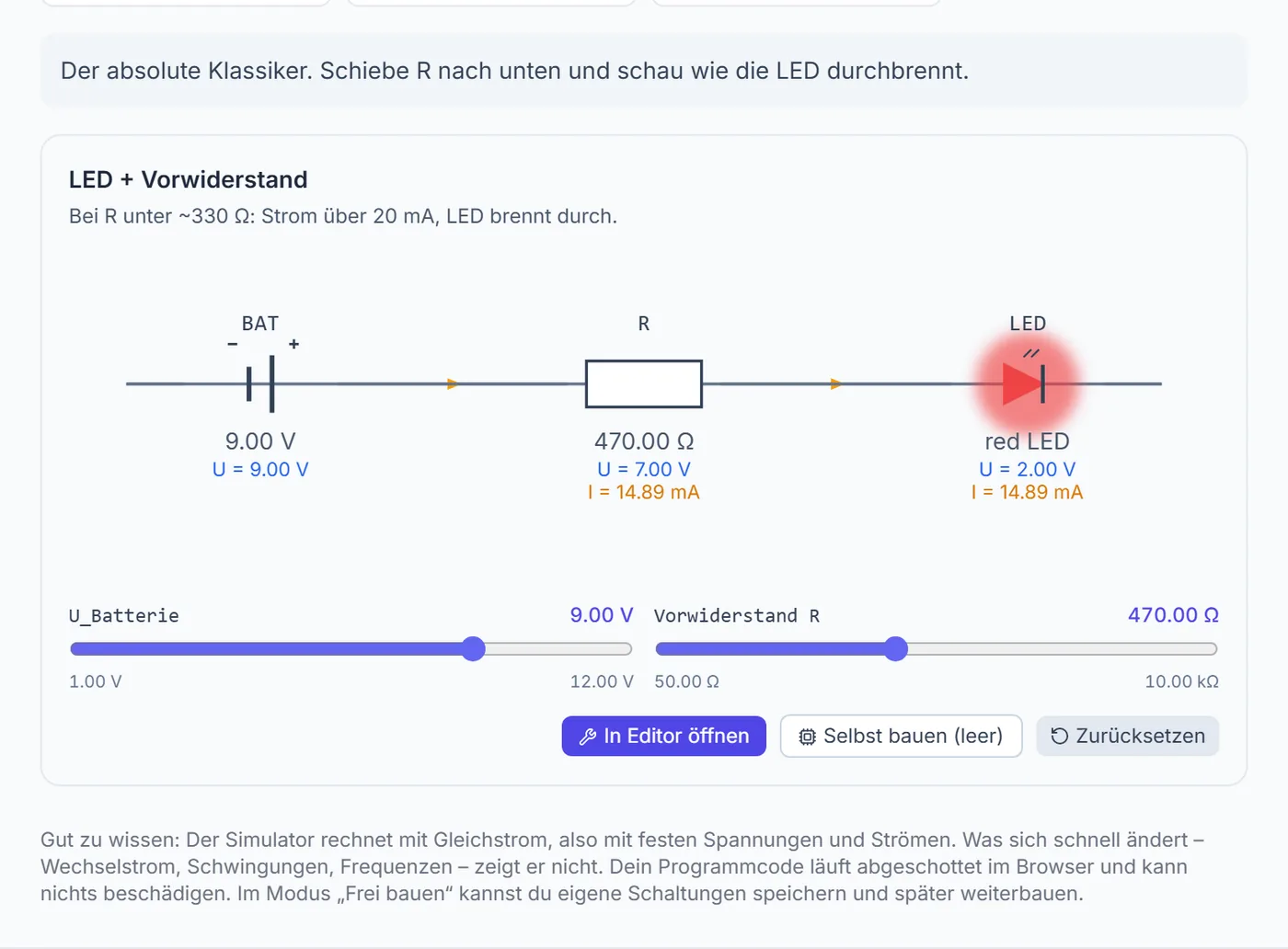 Schaltungs-Simulator, Demo „LED mit Vorwiderstand“: Batterie, Widerstand und leuchtende LED mit Spannung und Strom, darunter die Schieberegler