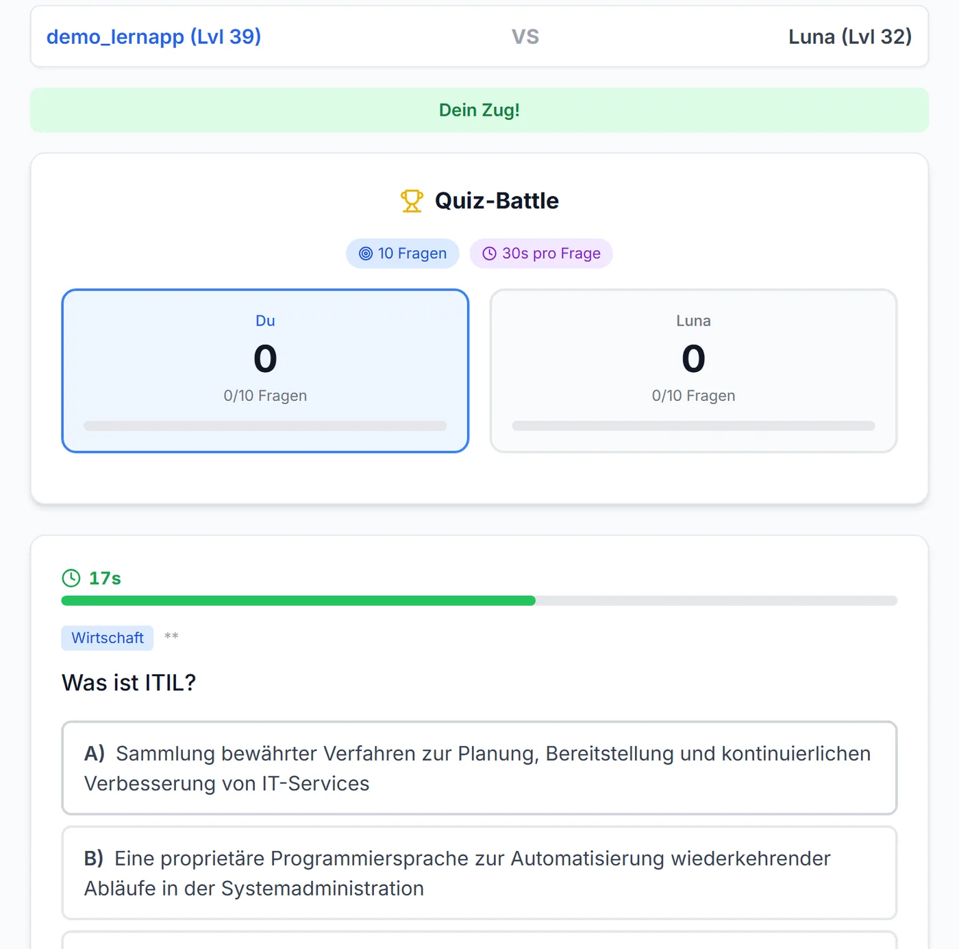 Laufendes Quiz-Battle gegen Luna: 10 Fragen, 30 Sekunden pro Frage, Punktestand beider Seiten und die erste Frage mit Antworten