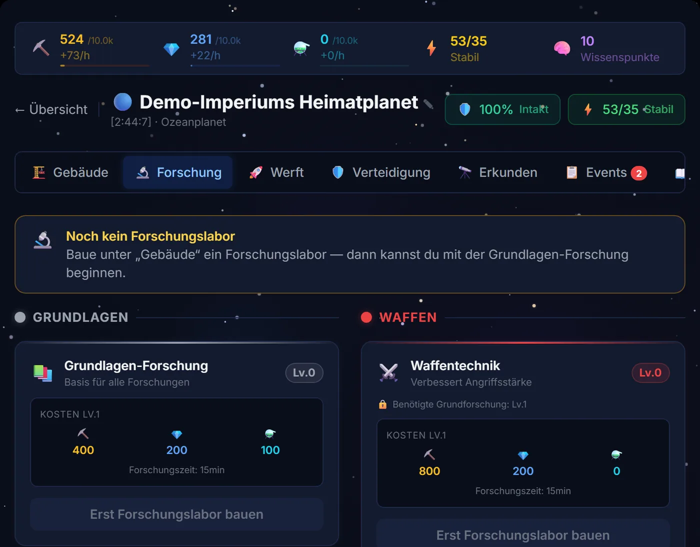 GalaxyLearn, Reiter Forschung: Hinweis, dass zuerst ein Forschungslabor gebaut werden muss, darunter Grundlagen-Forschung und Waffentechnik mit ihren Kosten