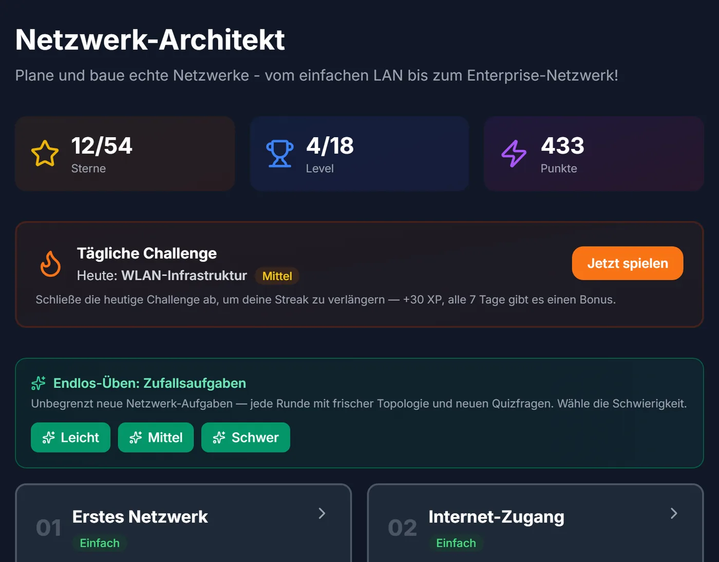 Netzwerk-Architekt: Übersicht mit Sternen, geschafften Leveln (4 von 18) und Punkten, täglicher Challenge und Endlos-Übungen