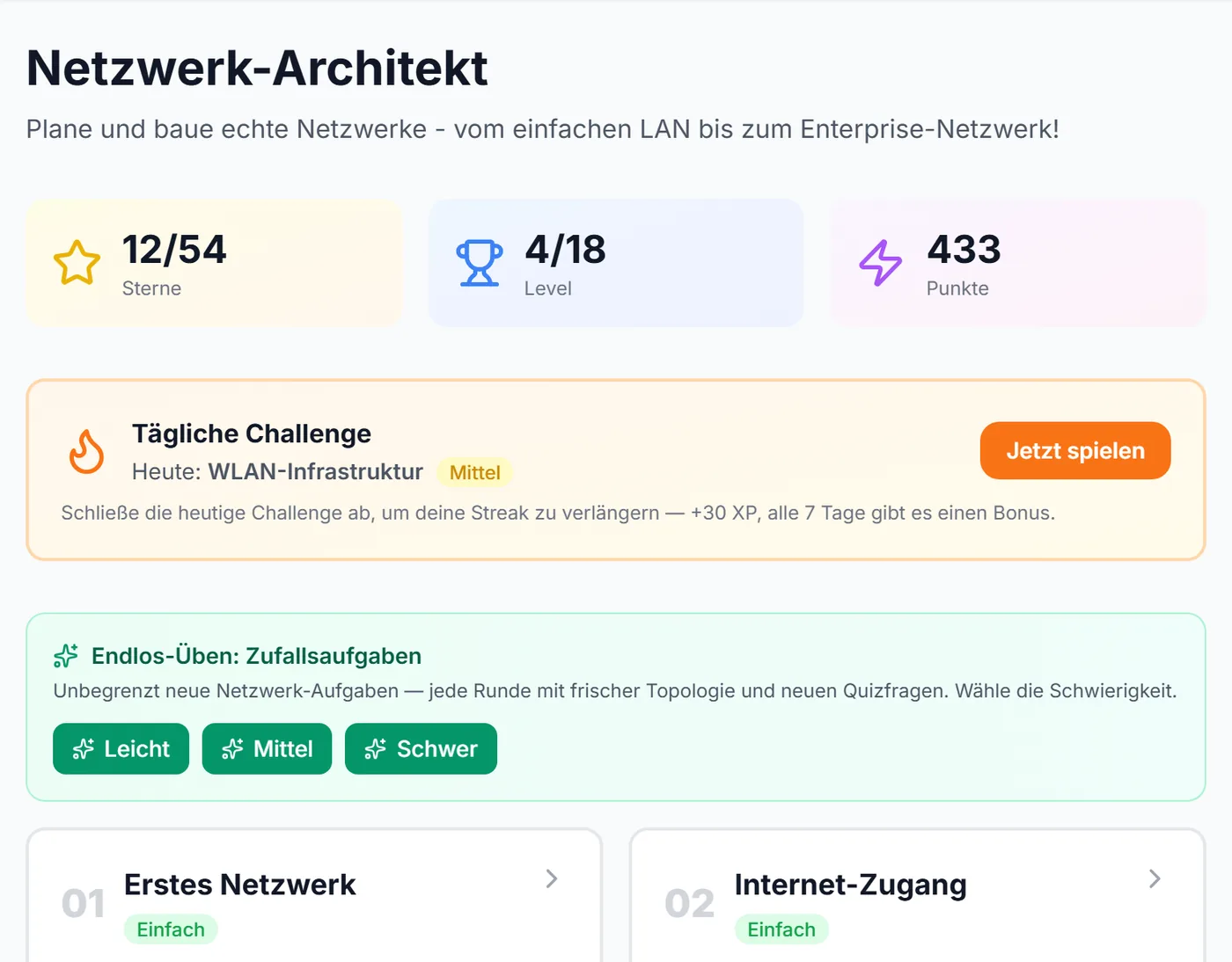 Netzwerk-Architekt: Übersicht mit Sternen, geschafften Leveln (4 von 18) und Punkten, täglicher Challenge und Endlos-Übungen